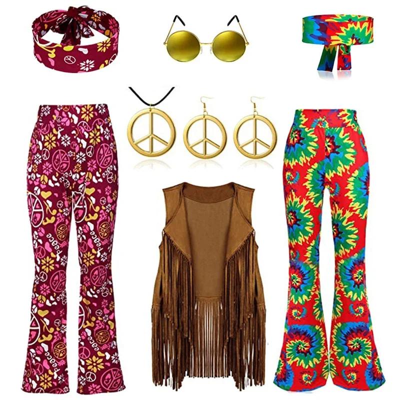 Hippie Disco 60s 70s Cosplay Costume Women Peace Love Girls Hip Indian Tassels Hippie Vest Cardigan Halloween Carnival Party