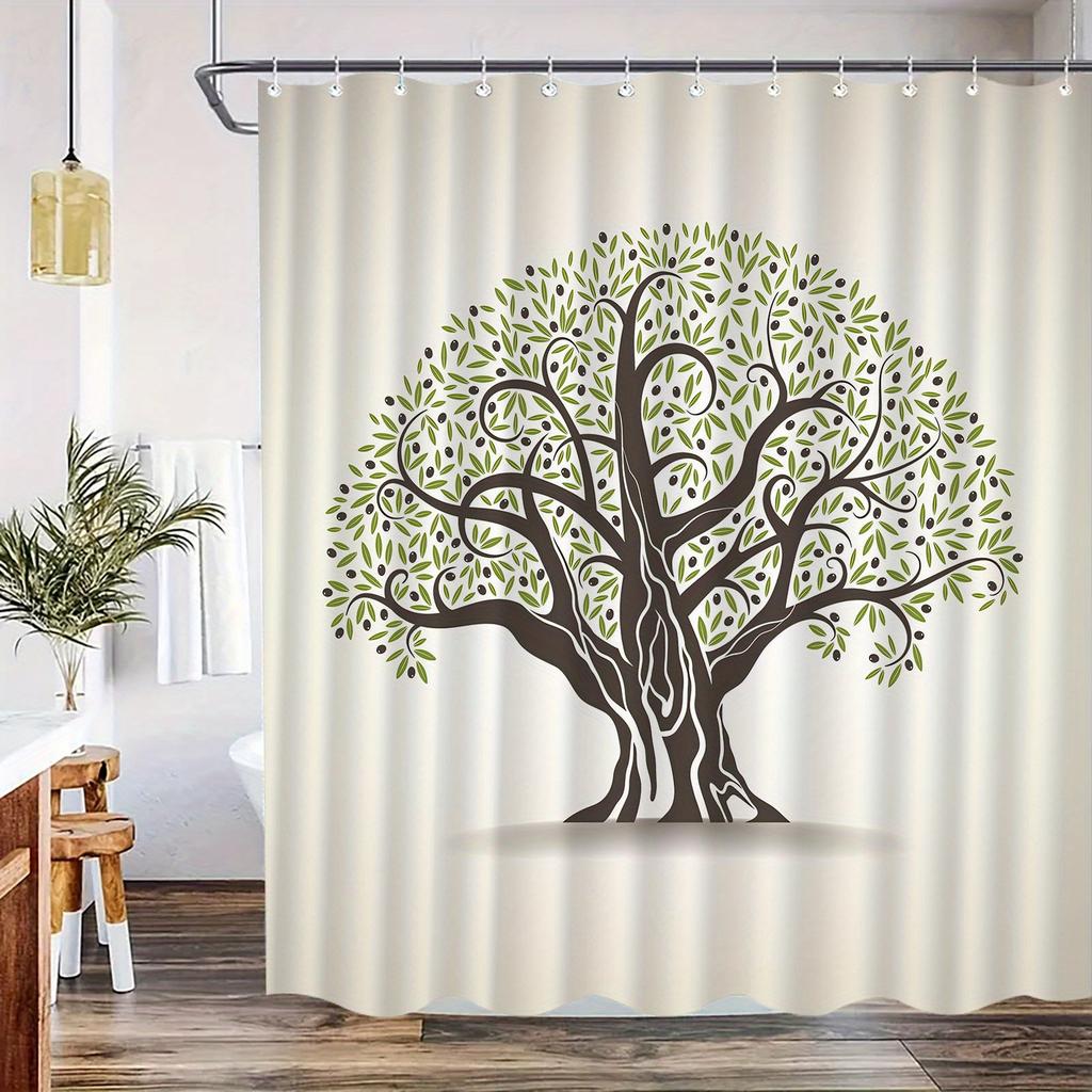 Elegant Tree Pattern Shower Curtain – High-End Polyester with Hooks, Artistic Green Leaf Design, Machine Washable
