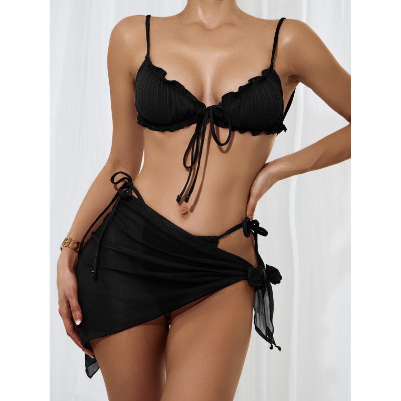 Neuer Damen einfarbiger Neckholder-Bikini 3-teiliges Set - High-Waist Mesh Split Badeanzug