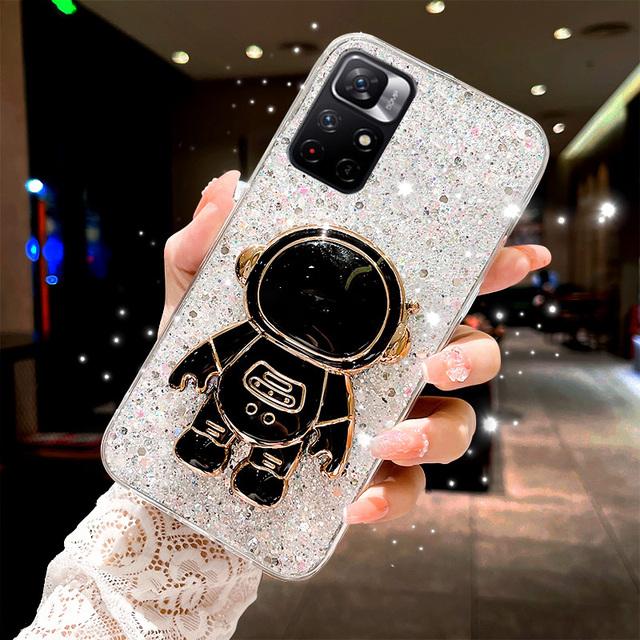 

Блестящий силиконовый чехол с подставкой астронавта для Xiaomi Redmi Note 11 11S 10 10S 9 9S 9A 9C 10C 9T POCO X3 X4 F4, золотой, серебряный чехол из фольги Redmi Note10S
