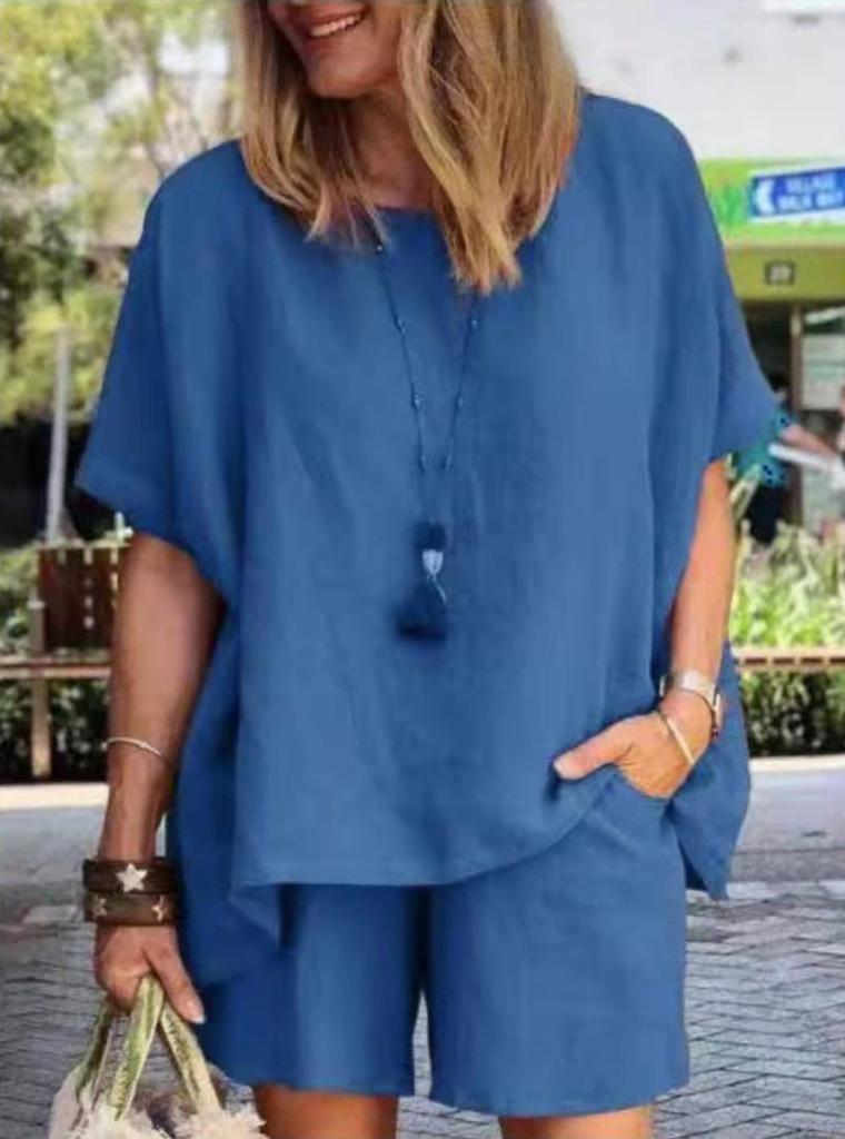 women's Solid Color Batwing Short Sleeve Loose Top High Waist Casual Shorts Summer Two Piece Outfit Set