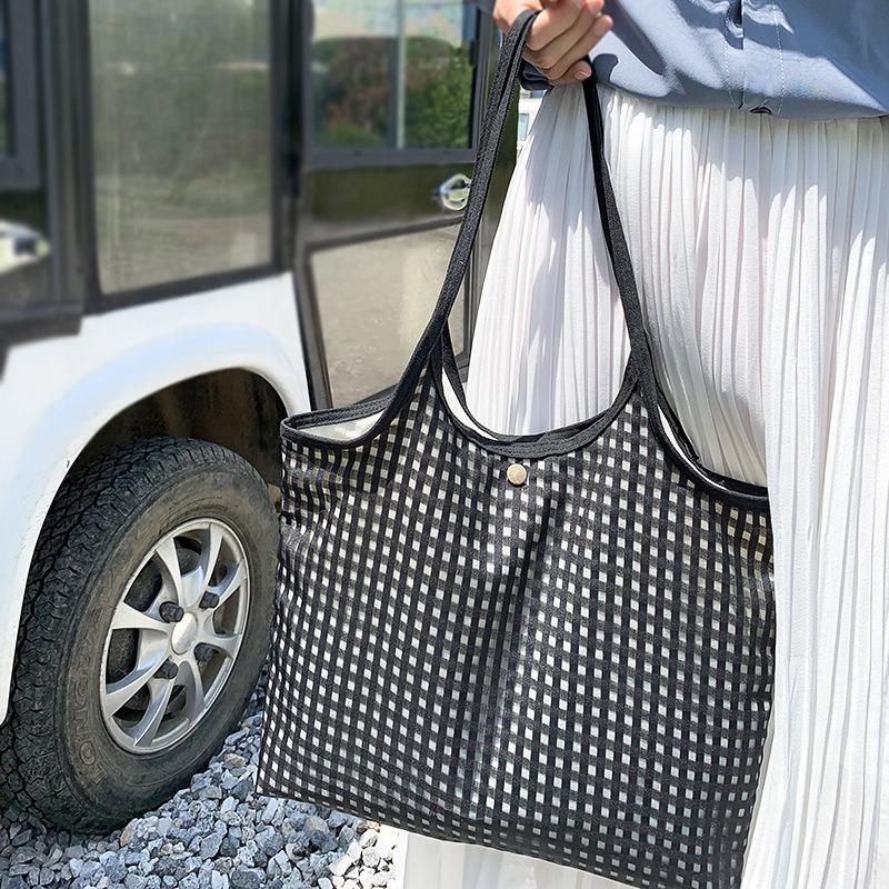 Simple Plaid Canvas Bag Female Single Shoulder Summer Literary Large Capacity Bag