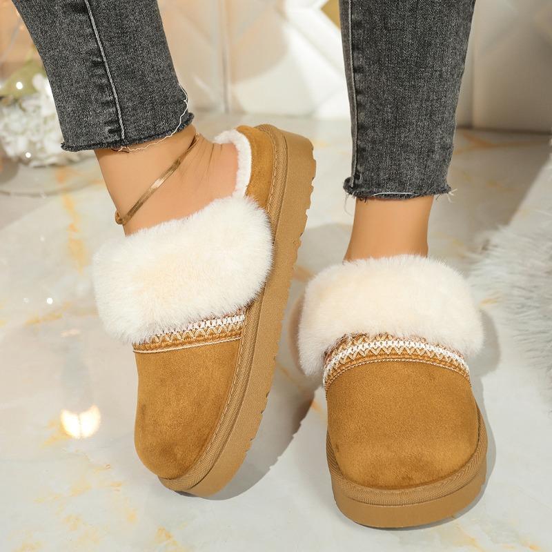 Fashion 2025  Women's Winter Thickened Fleece Lined Slip-On Cotton Slippers Style Platform Snow Boots Round Toe Flat Heel Shoes