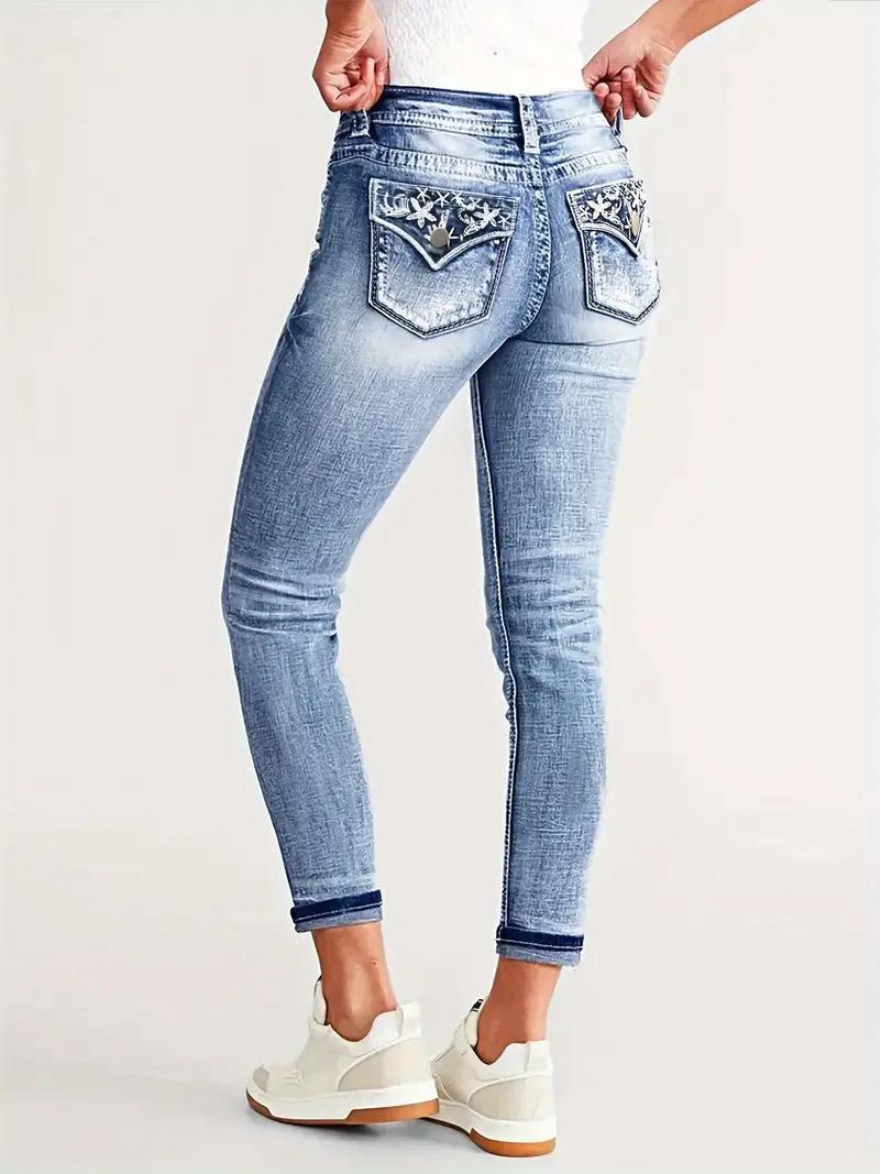 

2025 European & American Slim Fit Stretch Embroidered Skinny Jeans for Women Small синий