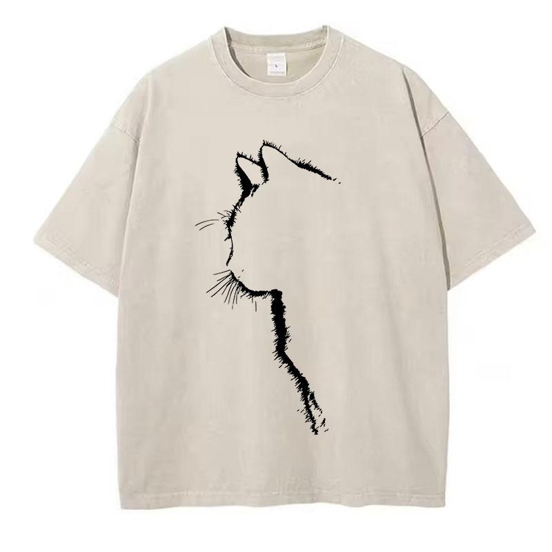 T Shirt Vintage Washed Cotton T-Shirt Retro Cat Graphic Tee Casual Streetwear for Spring Summer Top Tee