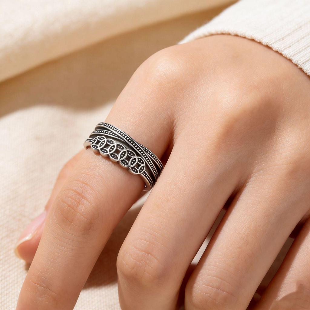 Ethnic Silver S925 Women's Ring: Retro Chinese Style with Wealth-Attracting Five Emperors Coins