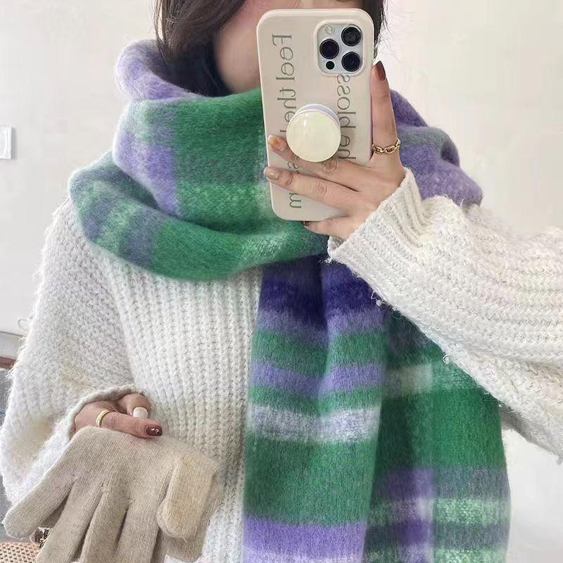 Trendy Stripete Tykt Skjerf med Frynser Tykt Kuldebeskyttende Rutete Store Skjerf Klassisk Vindtett Sjal For Kvinner Høst & Vinter