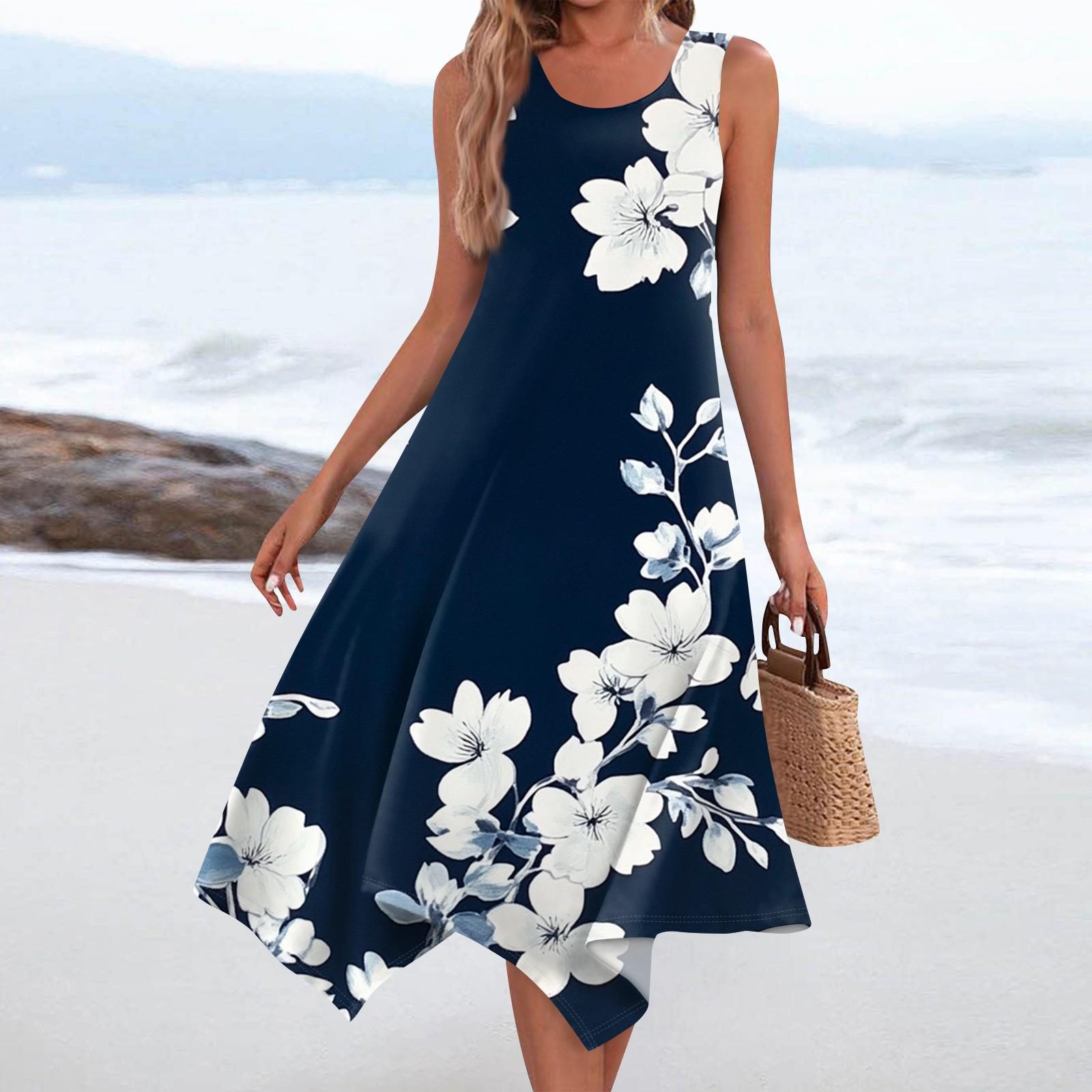 

Женское повседневное модное платье средней длины с круглым вырезом без рукавов с винтажным цветочным принтом и неровным подолом XL белый