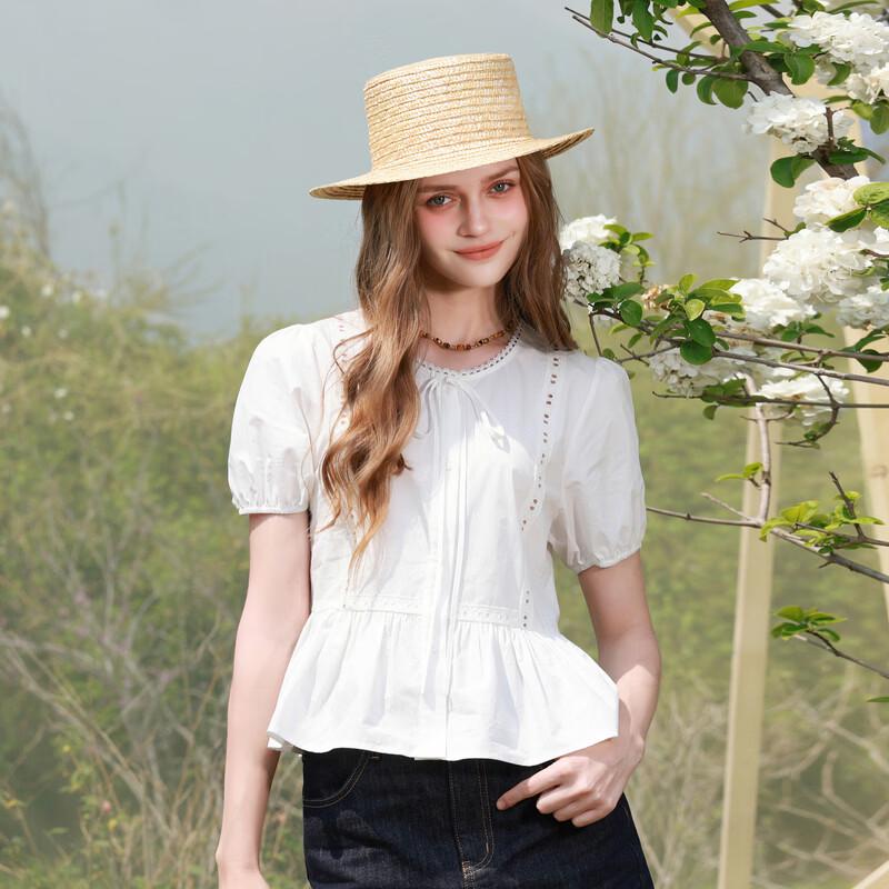 Sancai 2026 Summer 100% Cotton Round Neck Puff Sleeve Waist-Cinching White Shirt