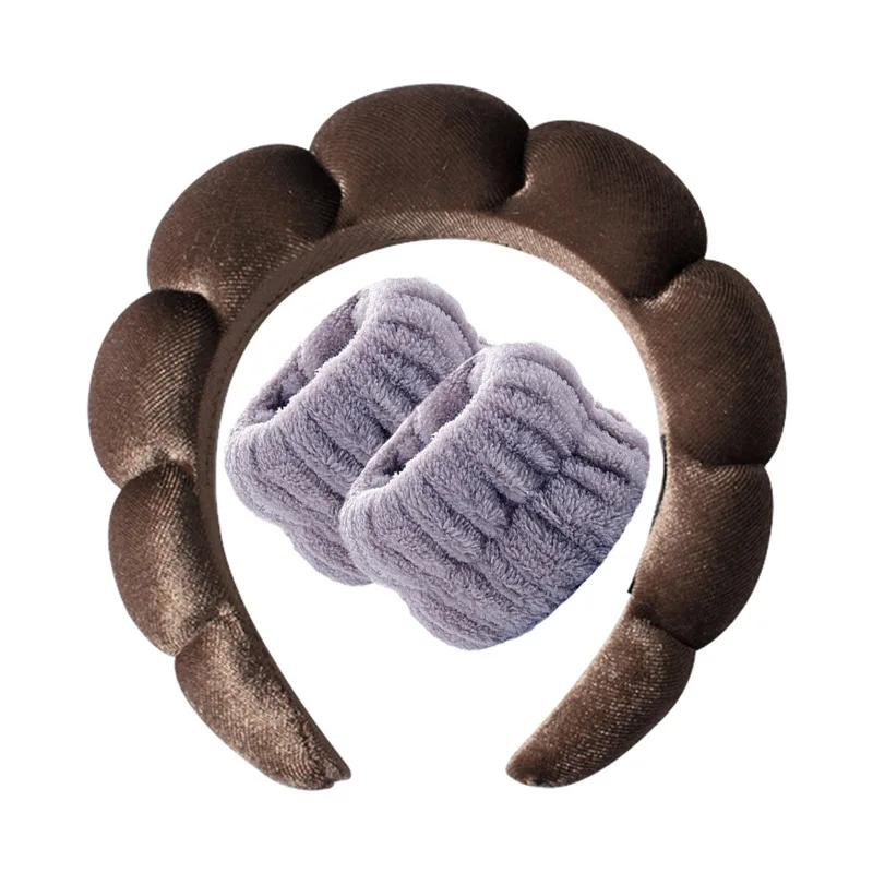 Vintage Velvet Cloud Hair Hoop for Women Girls Sponge Headband Wash Face Wristband Set Spa Bathroom Accessories