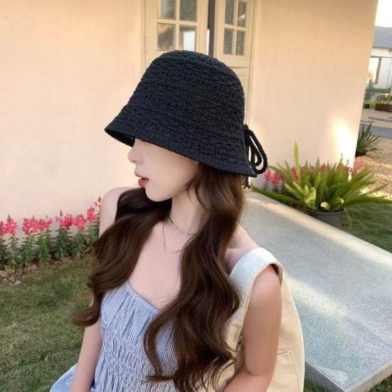 Summer Basin Hat Crochet Hollow Design Sun Protection Hat Wide Brim Back Slit Design Lace-up Knitted Outdoor Cap