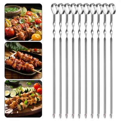 10 Stück Grillspieße zum Grillen, flache Schaschlikspieße aus Edelstahl, wiederverwendbare BBQ-Grillspieße für Fleisch, Hühnchen, Gemüse, rostfrei, hitzebeständig