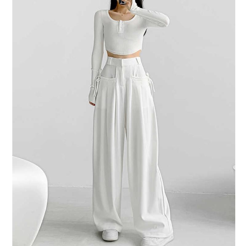 Vintage Style High-waisted Drape Trousers Women Design Sense Side Lacing Fluttering Casual Straight Wide Leg Pants