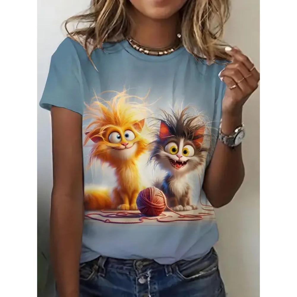 Ladies Fashionable Comfortable Printed Animal T-shirt Interesting Patterns Loose Breathable Large Size Short Sleeved T-shirt