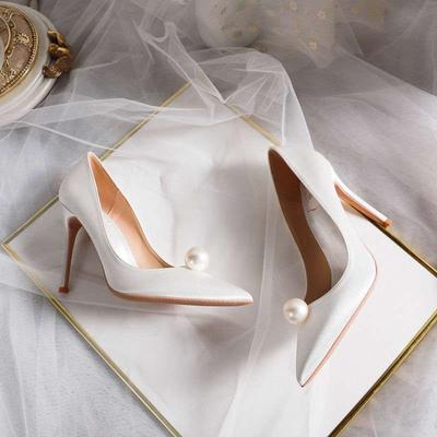 2025 New Pointed White Pearl High Heels 7cm Stiletto Green Single Shoes Women's Red Bridal Wedding Shoes