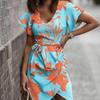 Women's V-Neck Short Sleeve Tie-Waist Floral Print Casual Summer Dress with Asymmetrical Hem