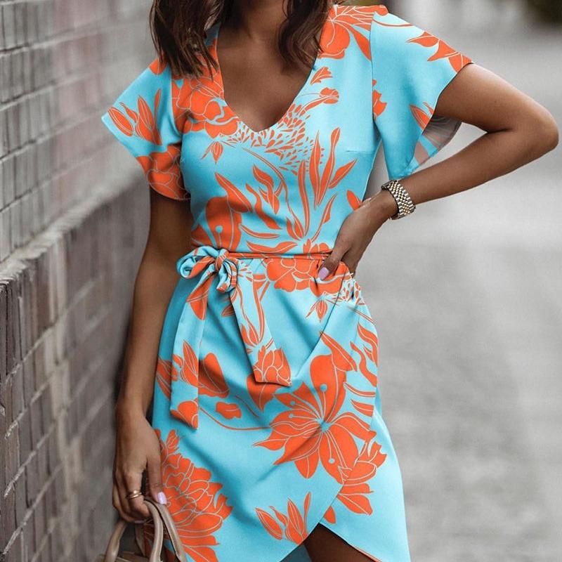 Dame V-hals Kort ermet Knyte midje Blomstermønstret Casual Sommerkjole med Asymmetrisk fald
