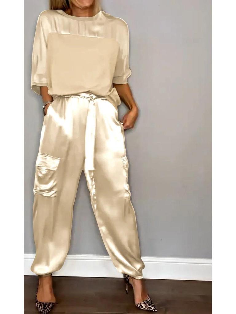 2024 European & American Women's Satin Half-Sleeve Top and Pants Set