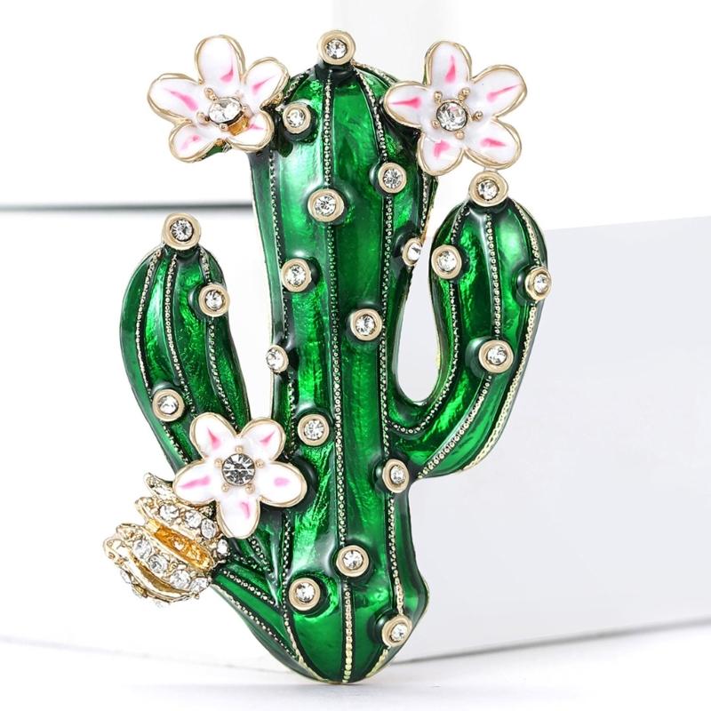 Elegant Cactus Shaped Enamel Brooch Pin Adorned with Rhinestones for Unisex Casual Fashion Accessory