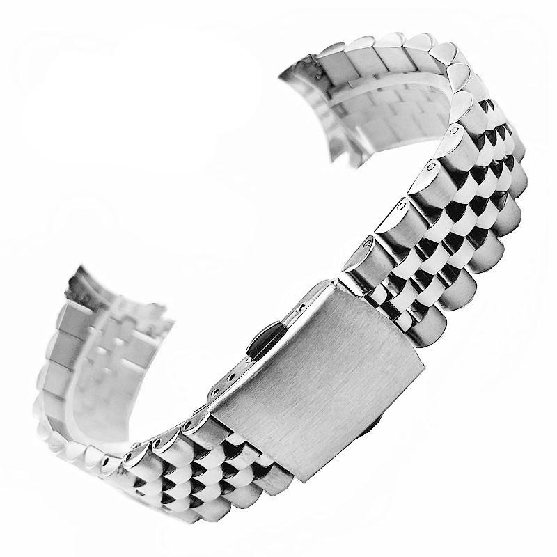 Universal Stainless Steel Bull Ring Watch Band with Curved Ends and Double Push Butterfly Clasp - 18/20/22mm