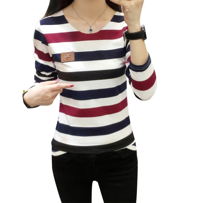 Women T-shirt Striped Long Sleeve Cotton Slim Round Collar Shirt Casual Women Tops