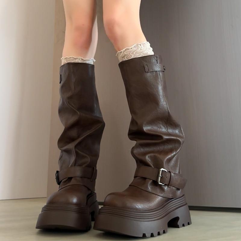 Women's High Boots Flats Platform Knee High Designer Shoes  Fashion Winter Chelsea Boots New Dress Goth Long Mujer De Botas