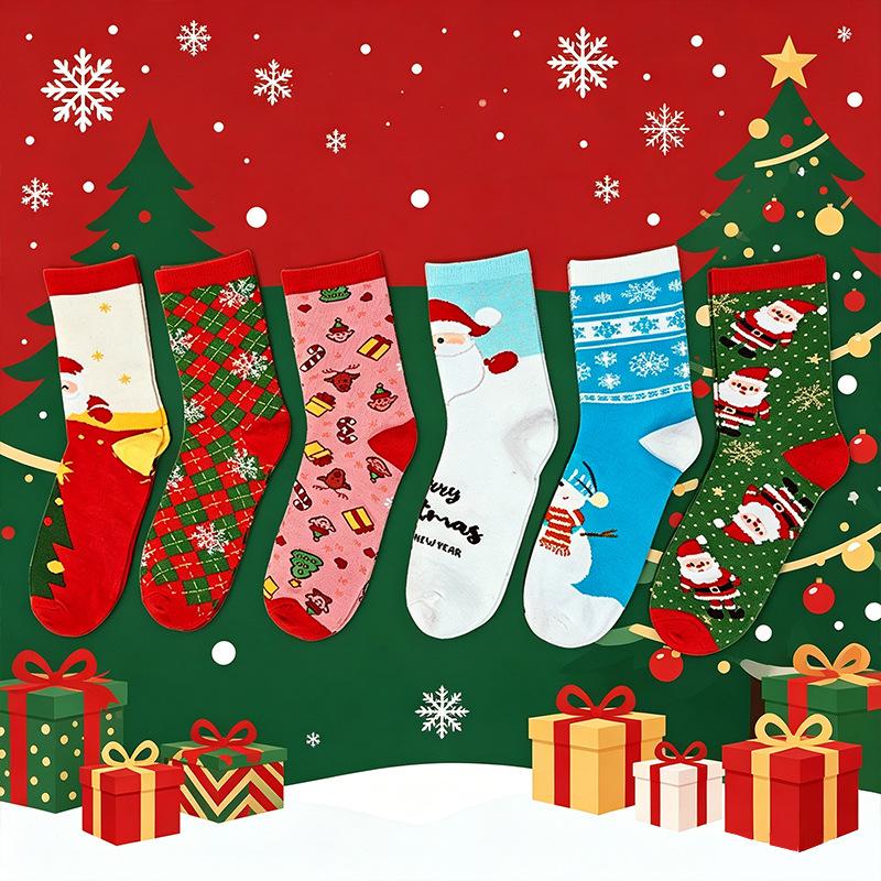 6 Pairs Xmas Holiday Crew Socks Festive Santa Claus Elk Pattern Soft Cotton Mid Calf Stockings Gift for Women Men Winter Warm Socks