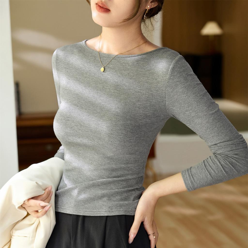 A Word Small Round Neck Slim-fit T-shirt for Women Long Sleeve Autumn New Inside with A Base Shirt