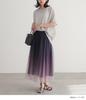 OshareWalker Gradient Tulle Gradient Sjn0494 n'OrLABEL Skirt, Women's Long, Flared, Gathered, Lined, Sheer, Print, Shirring, (Purple)