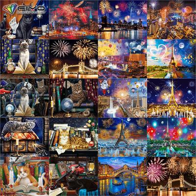 Pittura diamante trapano completo Fuochi d'artificio urbani Pittura diamante rotondo fatto a mano Simpatico gatto nero Fai da te Buon Natale Pittura a mosaico diamante Decorazione della casa