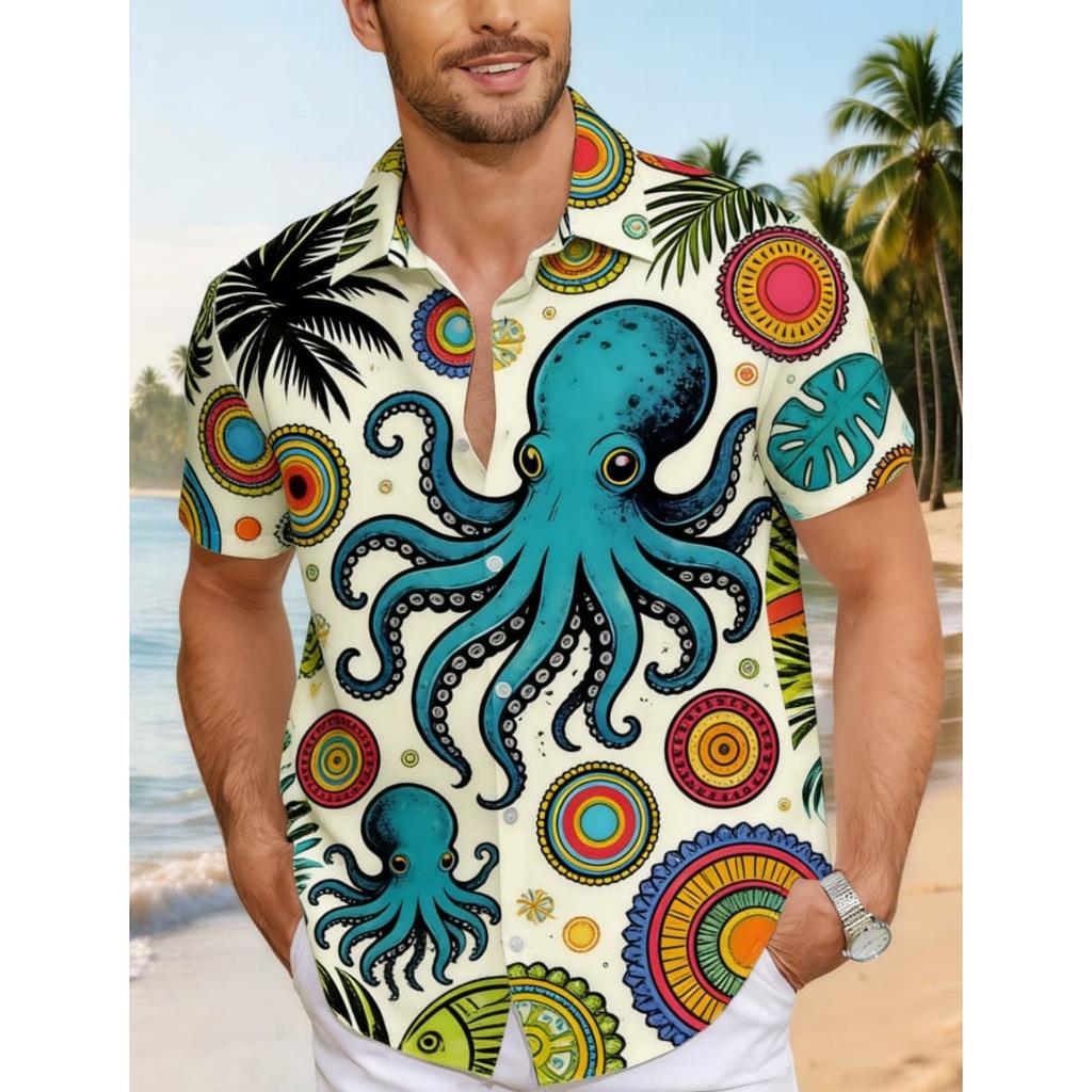 Men's Stylish Tropical Ocean Short Sleeve Shirt - Octopus Crab Turtle Starfish Print Casual Top For Beach Vacation Wear