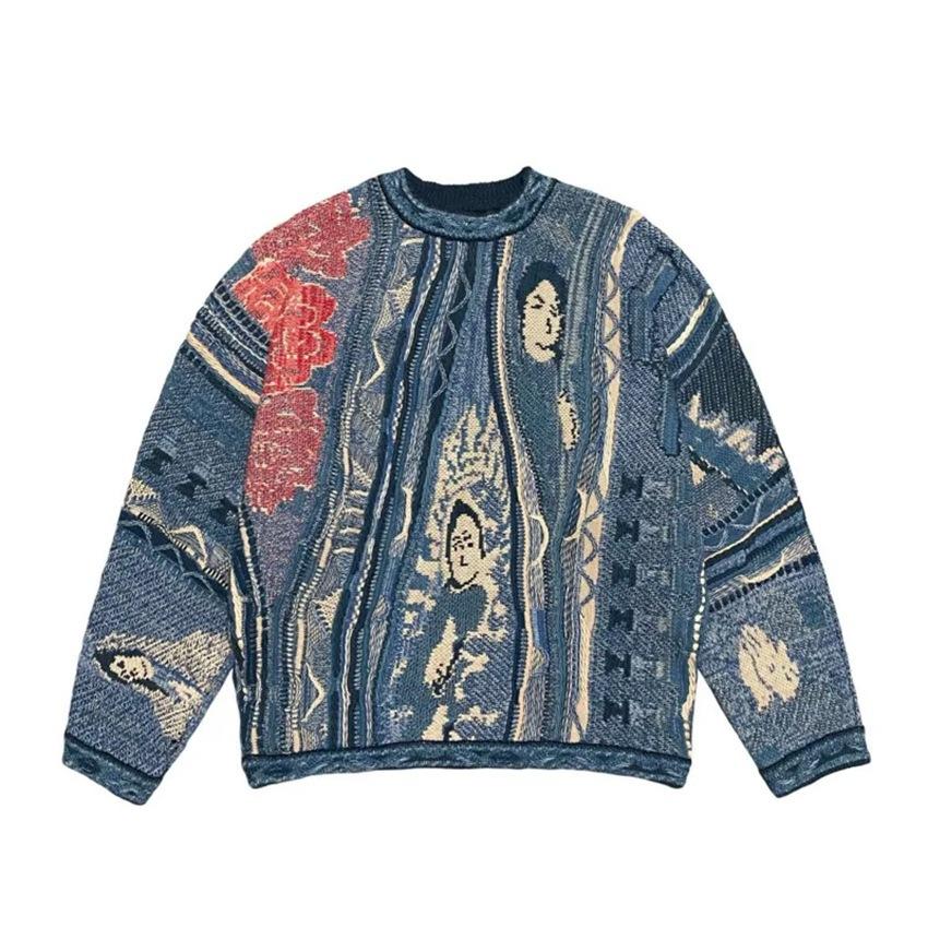Herbst und Winter neue Retro-Mode Guochao lässiger Grobstrickpullover 3D-Digitaldruck Herren Rundhalsausschnittpullover