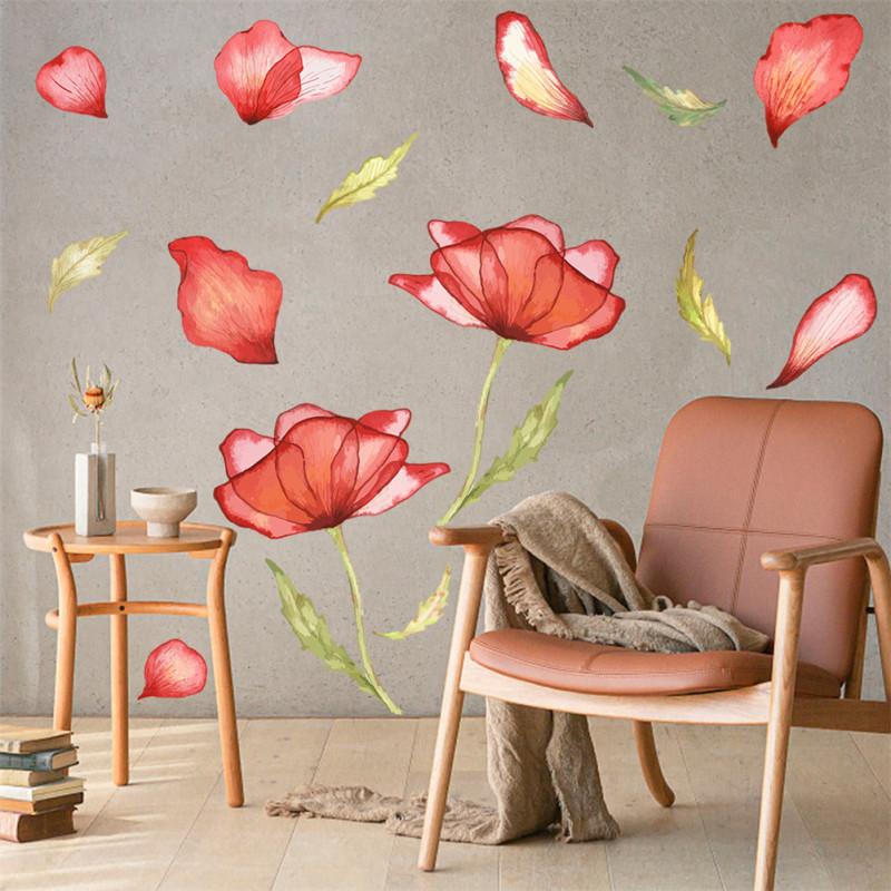 4sheets/set Wall  Stickers Of Removable Poppy Watercolor Inkjet For Bedroom Living Room Decoration