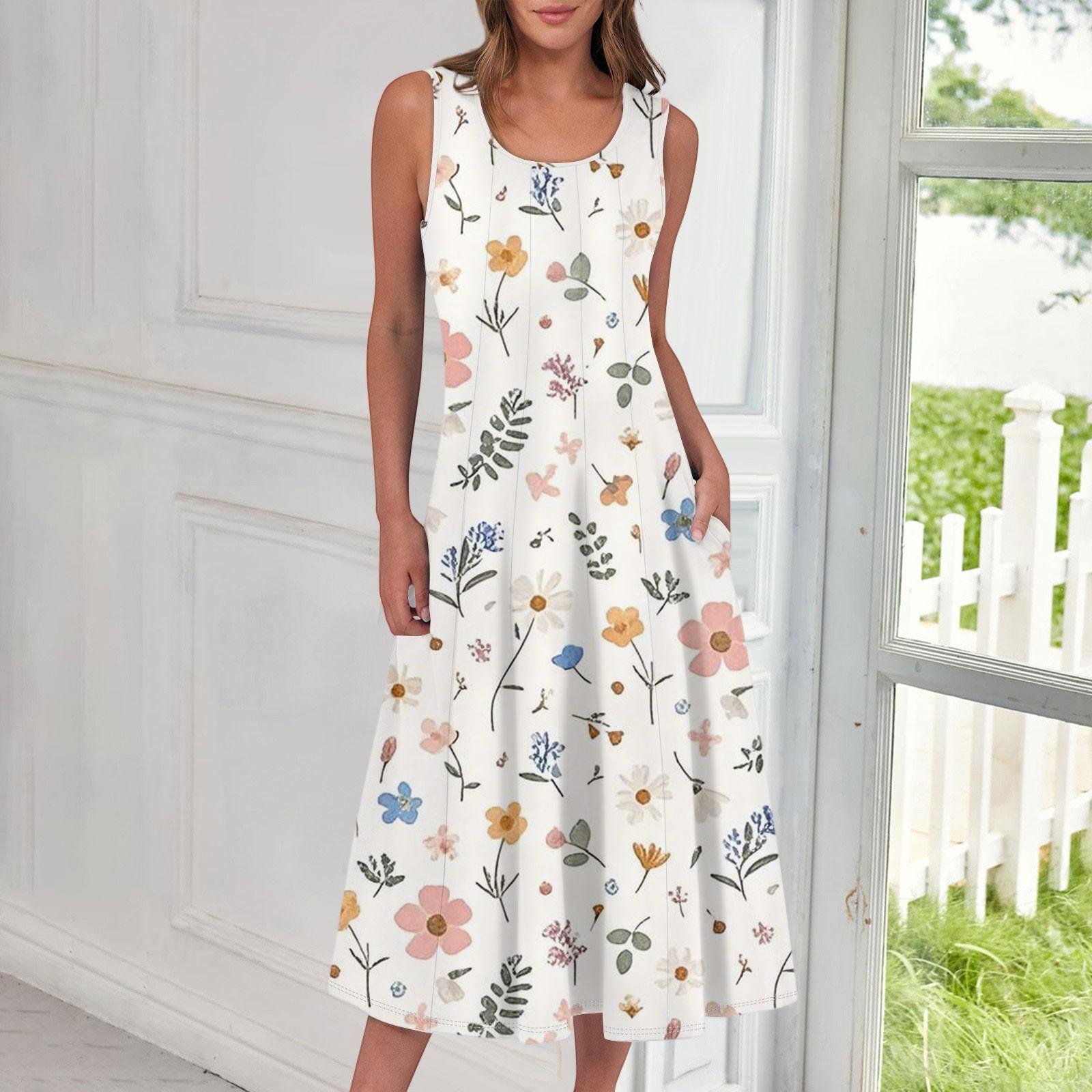 Women s Casual Fashion Floral Print Round Neck Sleeveless Midi Dress L