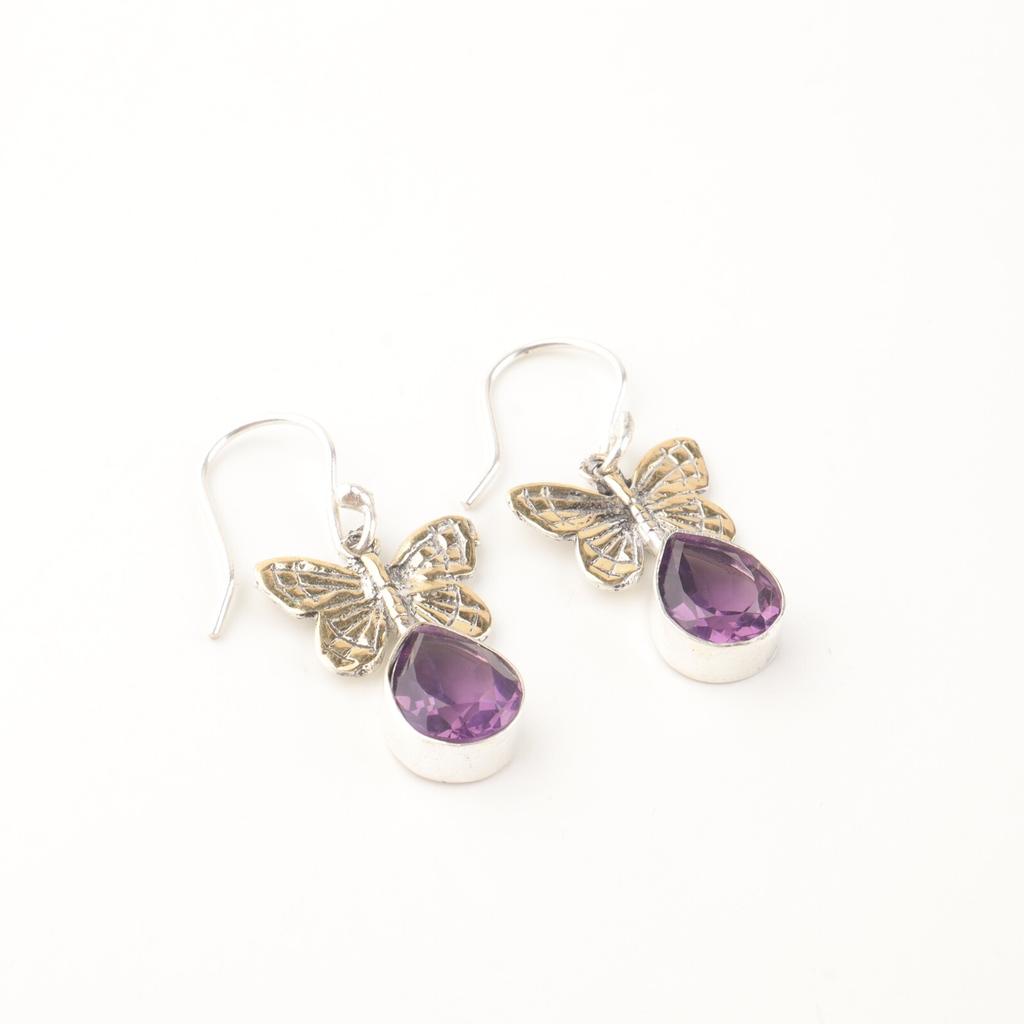 Natural Amethyst Gemstone 925 Sterling Silver Handmade Drop/Dangle Earrings 1.3" EE-155-3