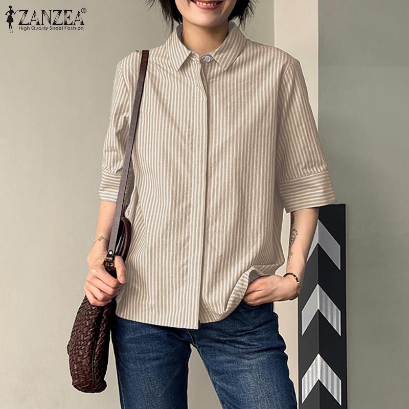 ZANZEA Women Casual Turn Down Collar Loose 3/4 Sleeve Stripe Blouse