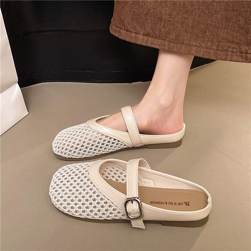 

Полые плетеные сумки, тапочки-половинки, женская летняя обувь, новая обувь на плоской подошве, дышащая, с одним отверстием для педали, сандалии 40