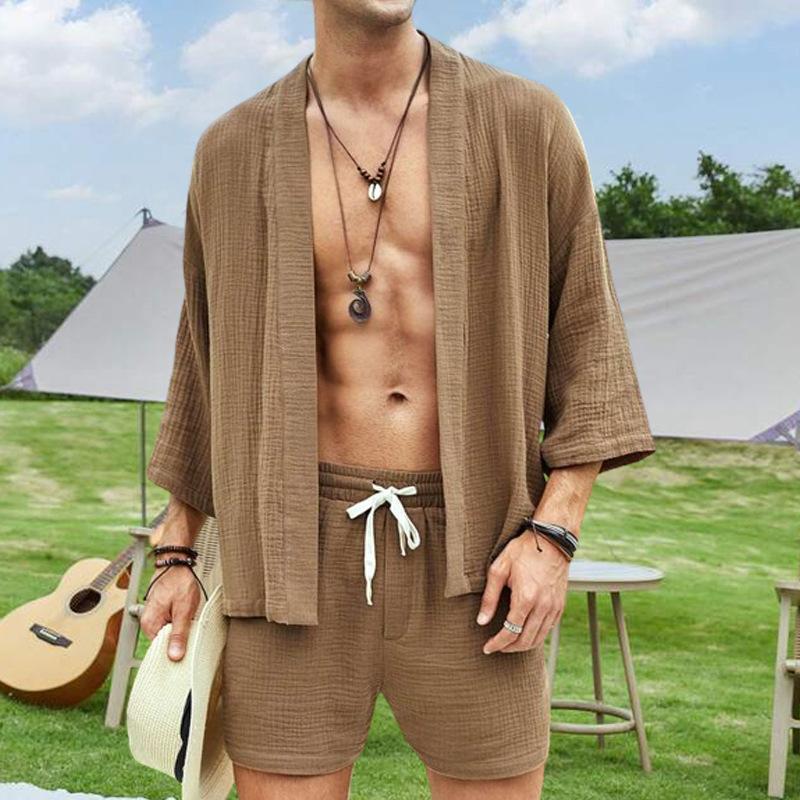 

Men s Casual Brown Knit Cardigan and Shorts Set, Summer Outdoor Relaxation Outfit with Accessories S