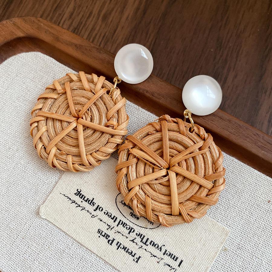 Silver needle resin rattan round pendant earrings ethnic style retro temperament earrings niche high-end earrings