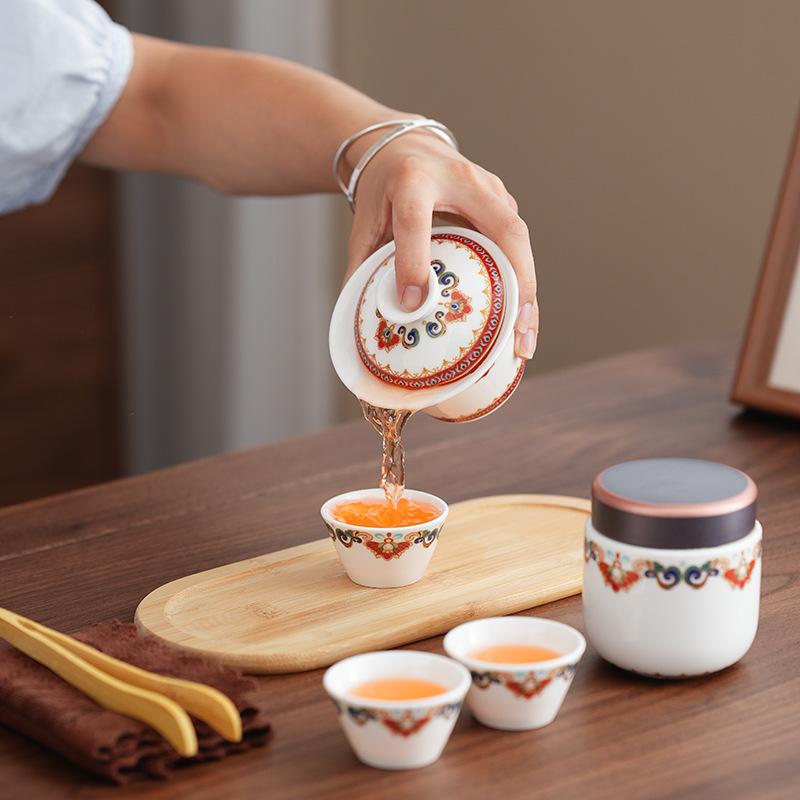 mutton fat jade red Dunhuang gaiwan travel tea set kung fu tea set teapot car fast passenger