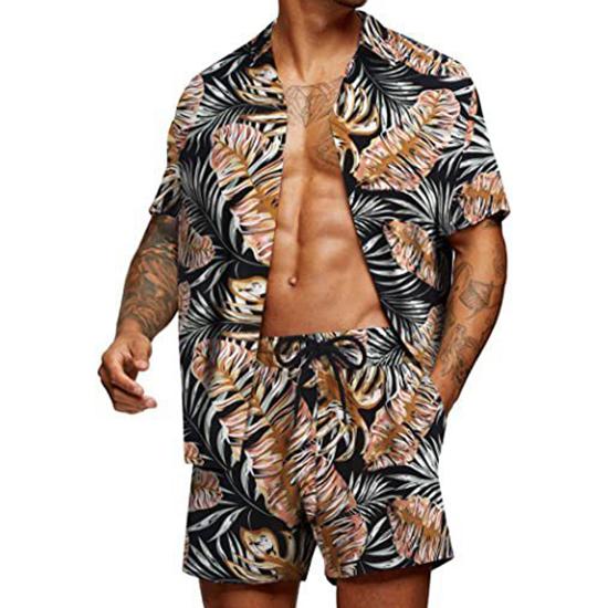Spring and Summer Loose Beach Casual Men's Clothing Floral Print Fashion Top Shirt Set