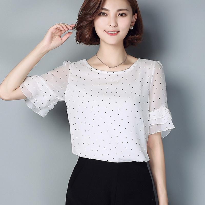 Summer Women Polka Dot Print Short Trumpet Sleeve Tops Stylish Casual Shirt