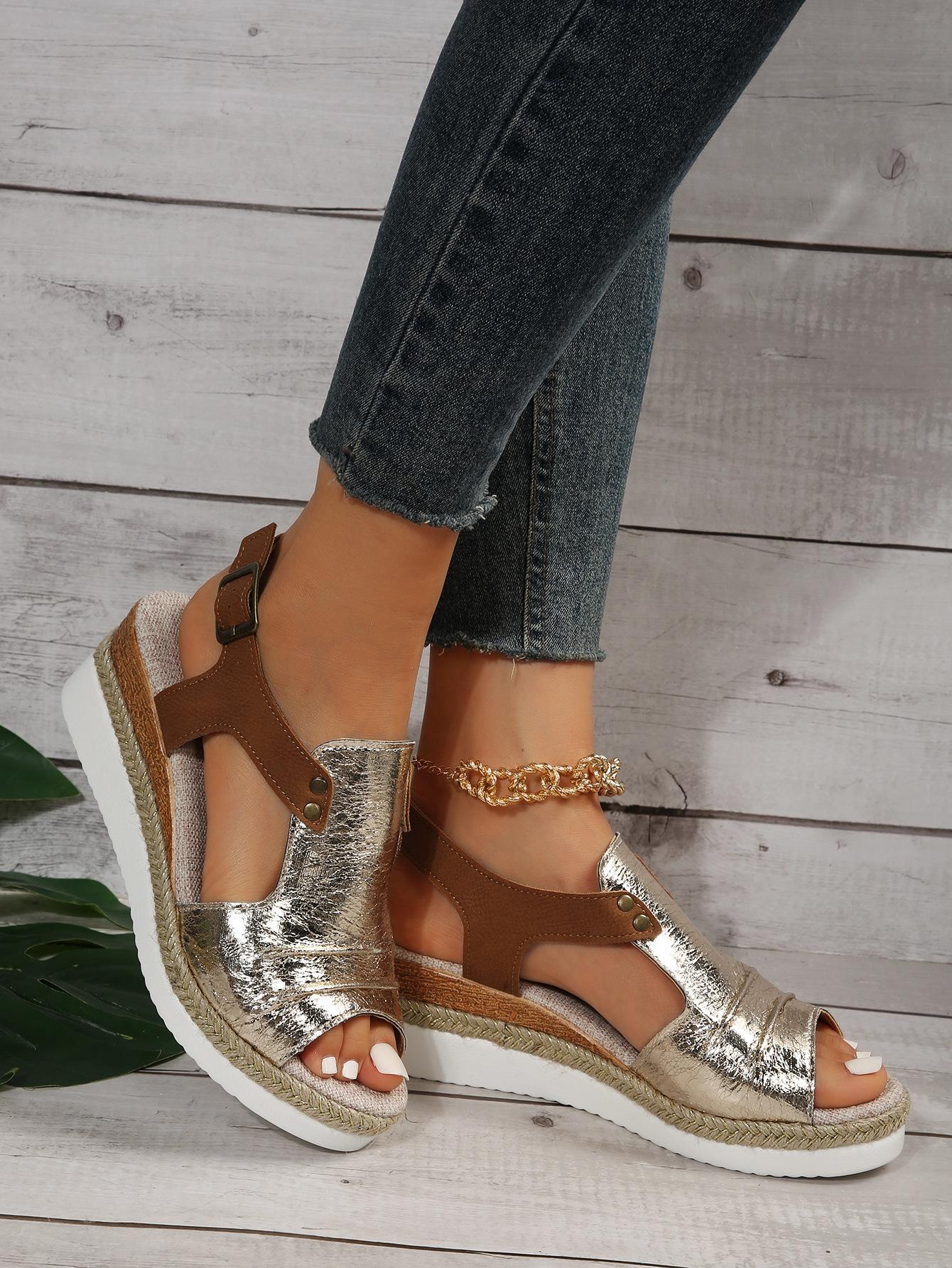 

Fish mouth flat bottom wedge heel sandals women s summer new casual buckle belt outer wear women s sandals 36 золотий