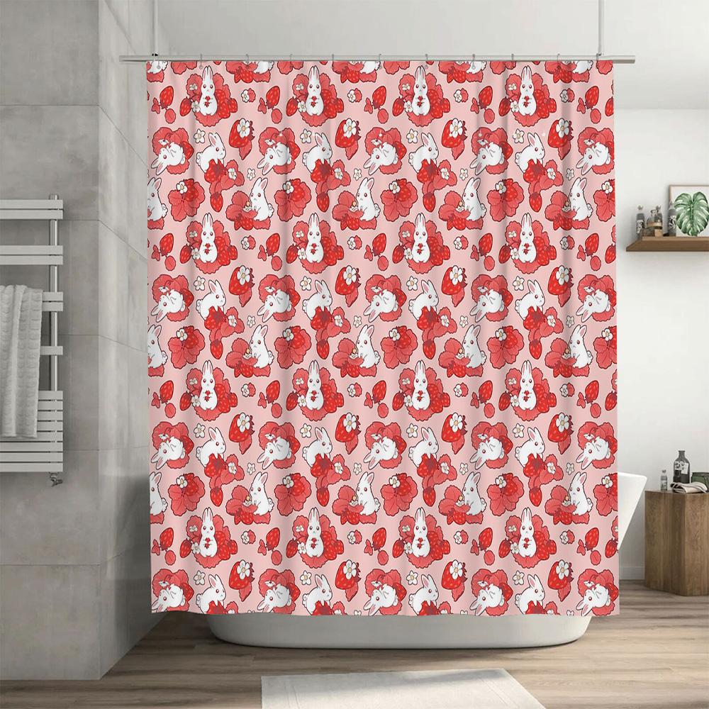Cute Rabbit Pattern Shower Curtain Farmhouse Bathroom Decor Washable Fabric Liner Set Waterproof Modern Style