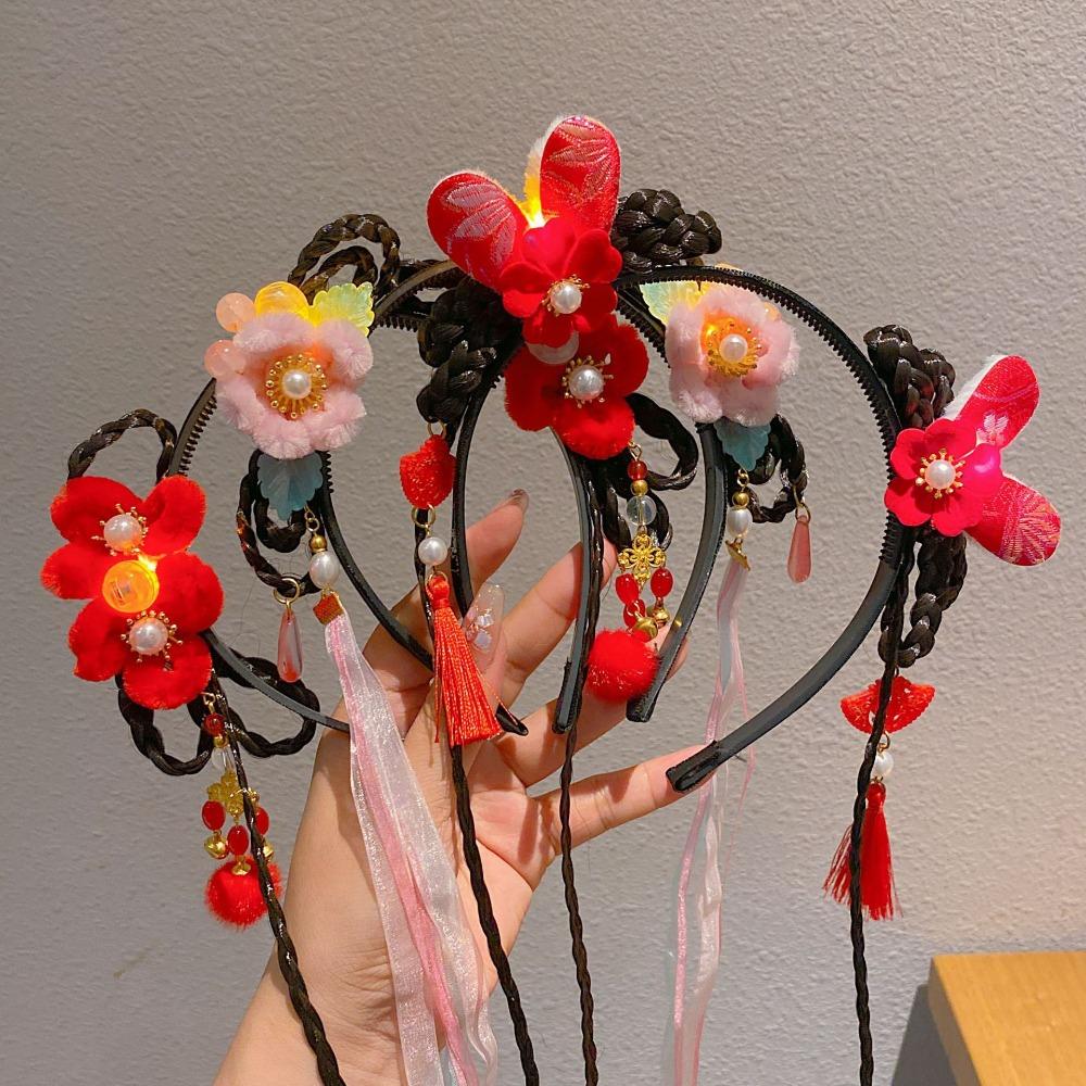 Red Flower Tassel Hairband Pigtail Wig Chinese Style Hair Hoop Fashion Hanfu Wig Headband  Children