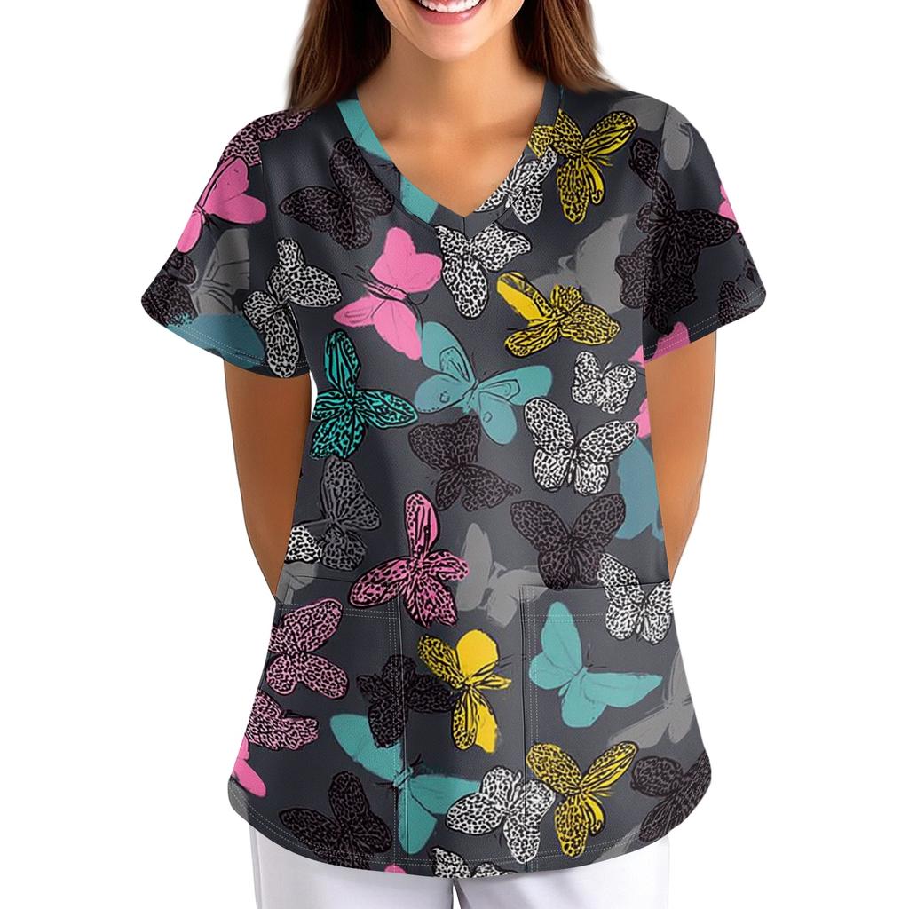 Women's Short Sleeve V Neck Vintage Floral Print Pocket Nurse Scrub Top Medical Uniform Shirt for Healthcare Professionals