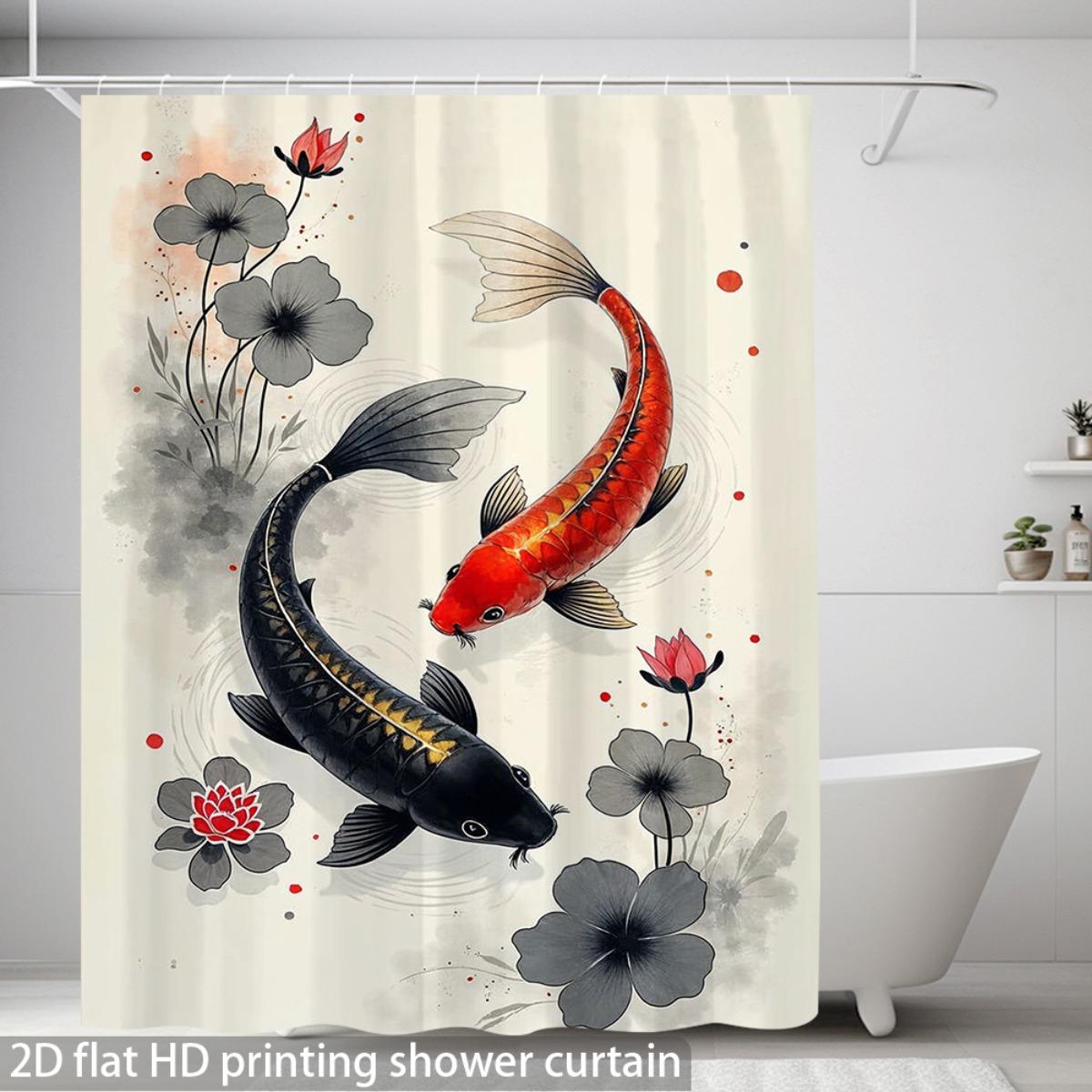 1pc Koi Fish Swimming with Flowers Bath Curtain - Elegant Aquatic Plant & Koi Fish, Semi- Shower Curtain Suitable for Bathtub 90x180cm