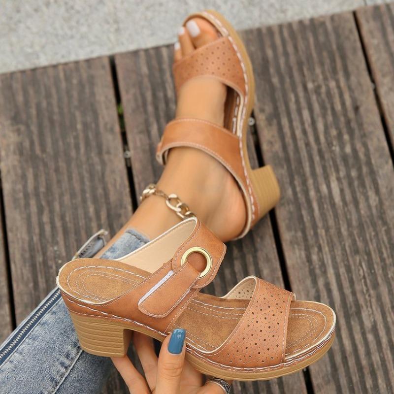 Spring and summer new large size high heel slippers women's thick heel fish mouth word Velcro cool slippers