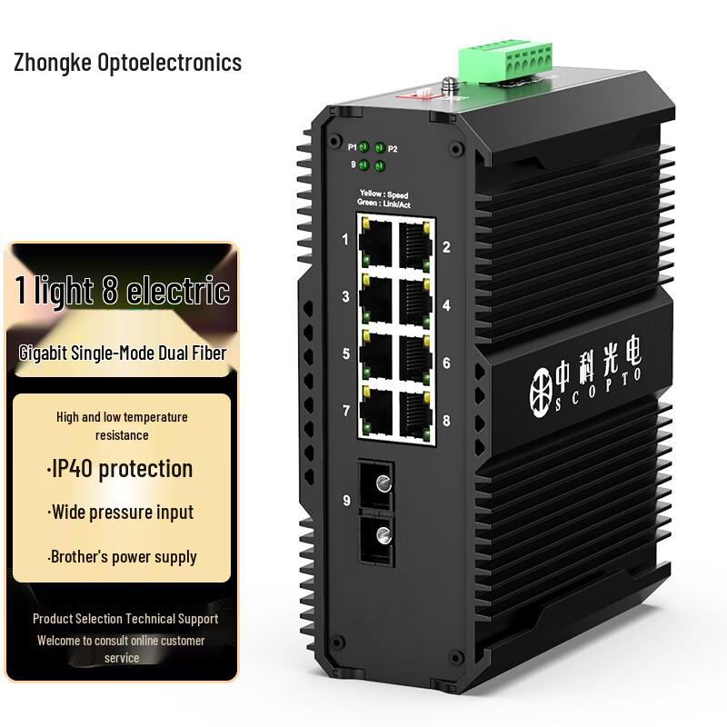 Industrial Gigabit Fiber Optic Transceiver with 8-Port Ethernet