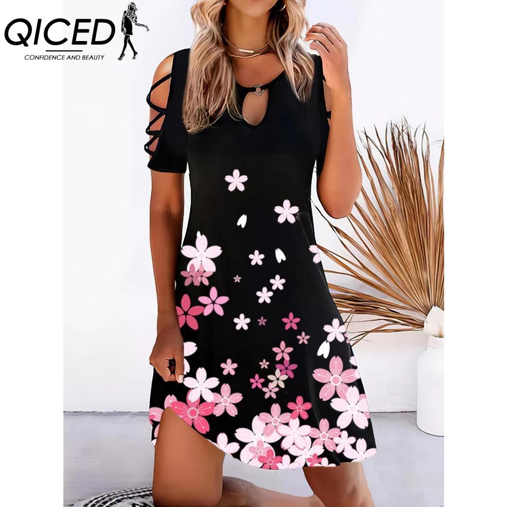 QICED 13 Color Women Floral Print Dress Summer Sexy Short Sleeve O-Neck Mini Dresses Female Vintage Elegant Dress